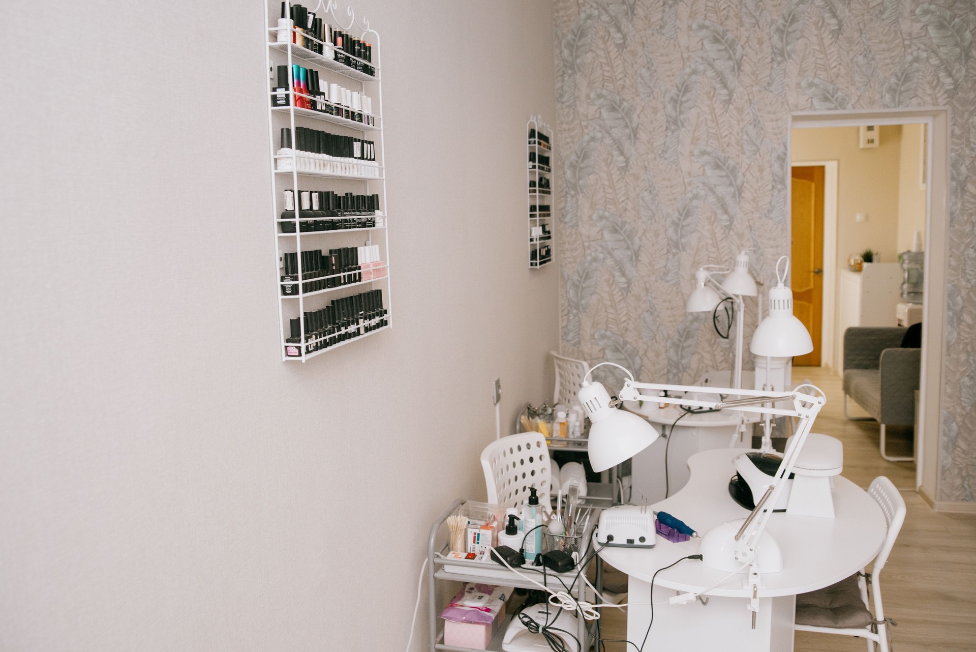 Beauty salon interior, no people. Manicure workplaces with professional tools
